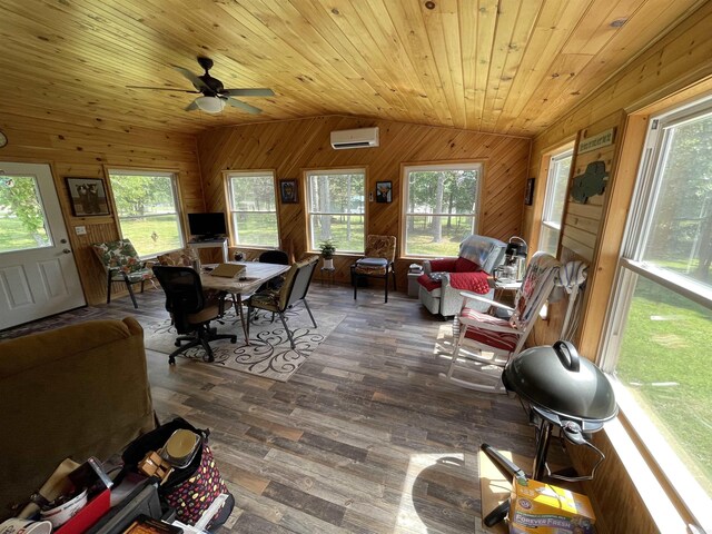 living room with wood ceiling, vaulted ceiling, wood-type flooring, and wood walls