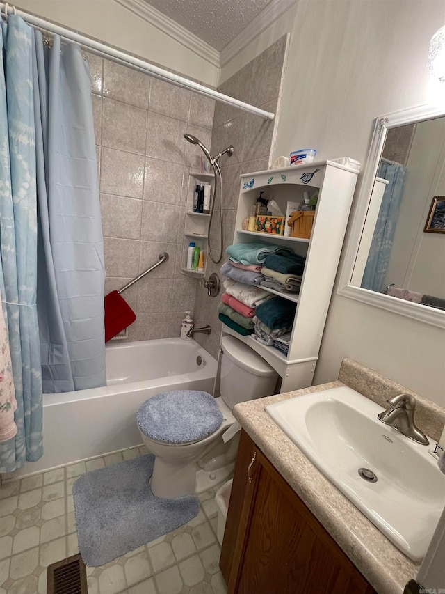 full bathroom featuring toilet, tile flooring, ornamental molding, shower / tub combo, and vanity