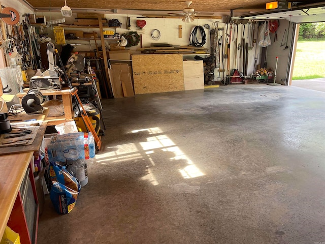 garage with a workshop area