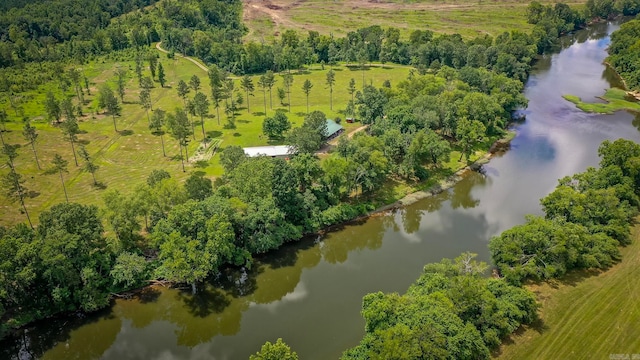 birds eye view of property with a water view and a rural view