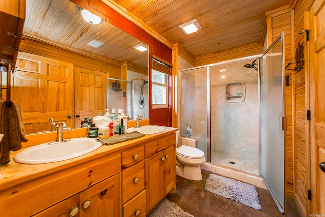 bathroom featuring wood ceiling, vanity, a shower with door, toilet, and wood walls