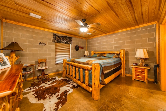 bedroom featuring crown molding, ceiling fan, and wooden ceiling