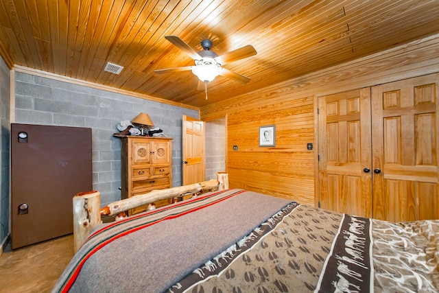 bedroom featuring ceiling fan, a closet, wood ceiling, and wood walls