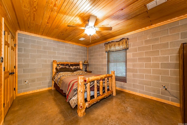 bedroom with ceiling fan, wooden ceiling, and crown molding