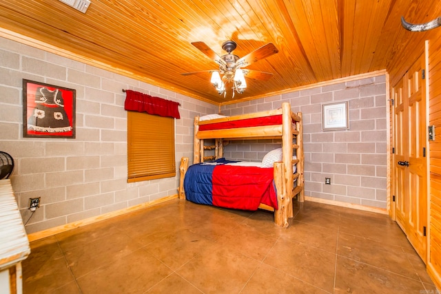 bedroom with ceiling fan and wooden ceiling