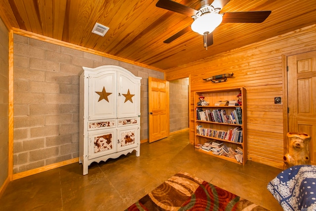 living area featuring ceiling fan, wood walls, and wooden ceiling