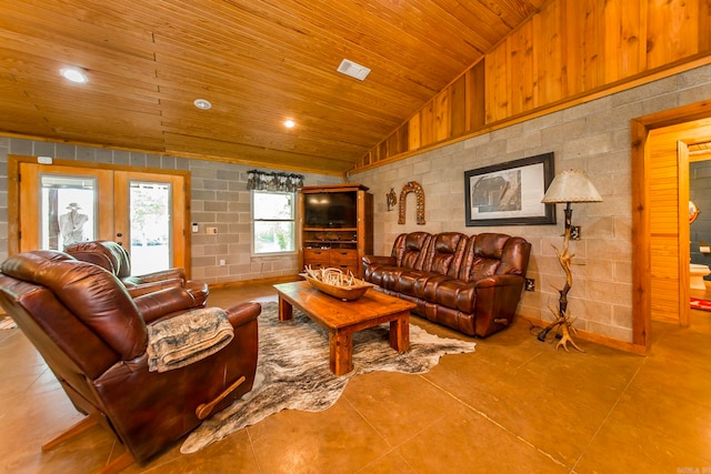 living room with french doors, vaulted ceiling, and wood ceiling