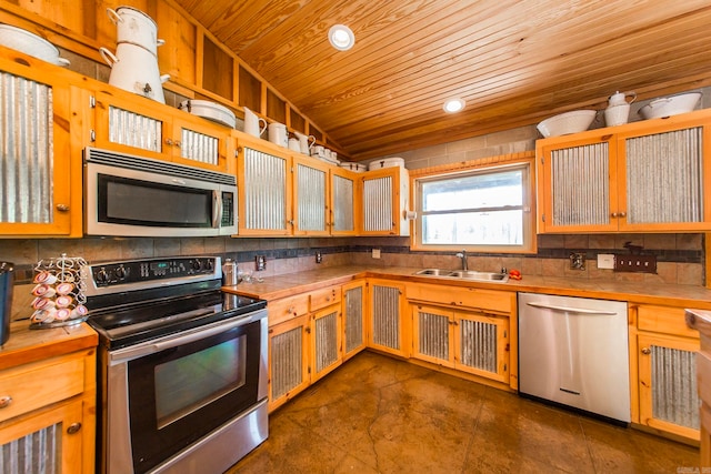 kitchen featuring decorative backsplash, appliances with stainless steel finishes, wood ceiling, and sink