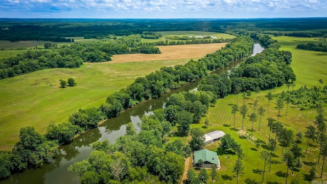 bird's eye view featuring a water view and a rural view