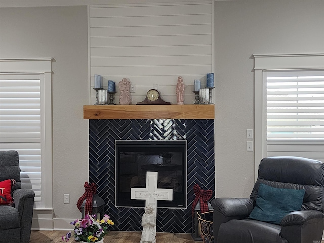 details featuring a tile fireplace and wood-type flooring