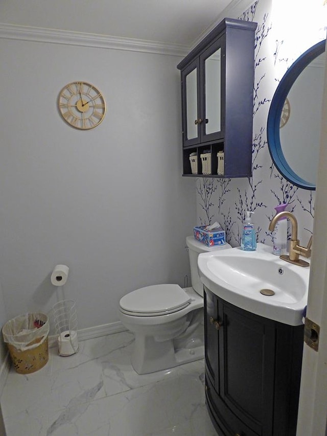 bathroom featuring tile flooring, oversized vanity, toilet, and crown molding