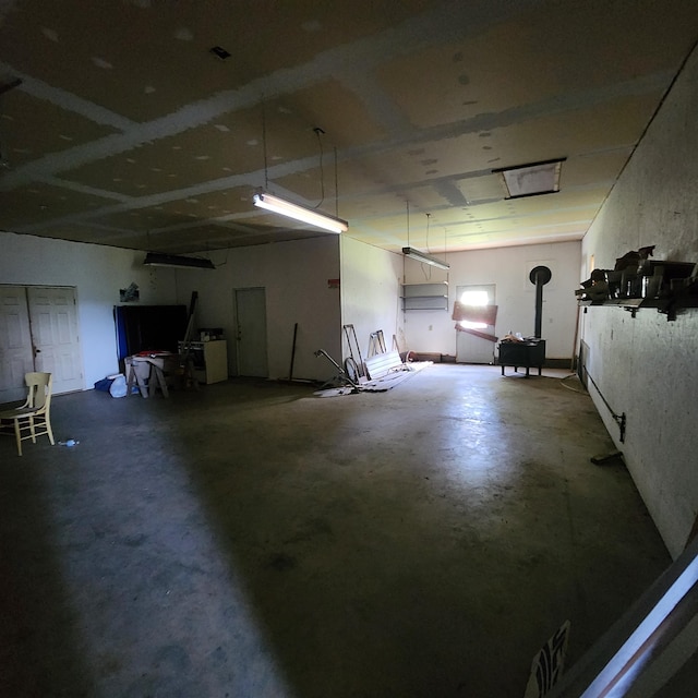 garage featuring a wood stove