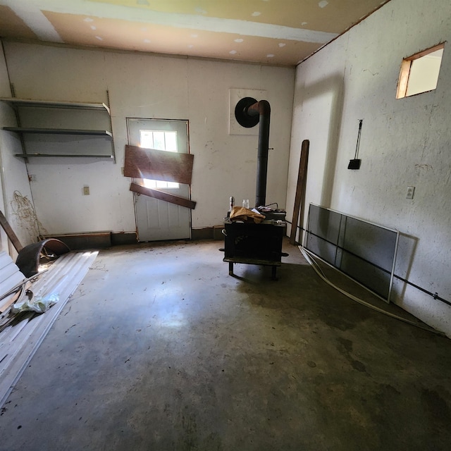 garage featuring a wood stove