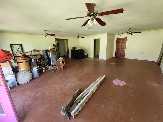 interior space featuring ceiling fan