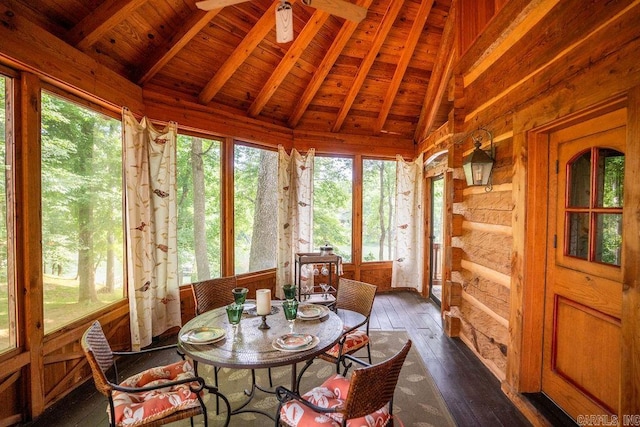 sunroom featuring lofted ceiling with beams, wood ceiling, and a wealth of natural light