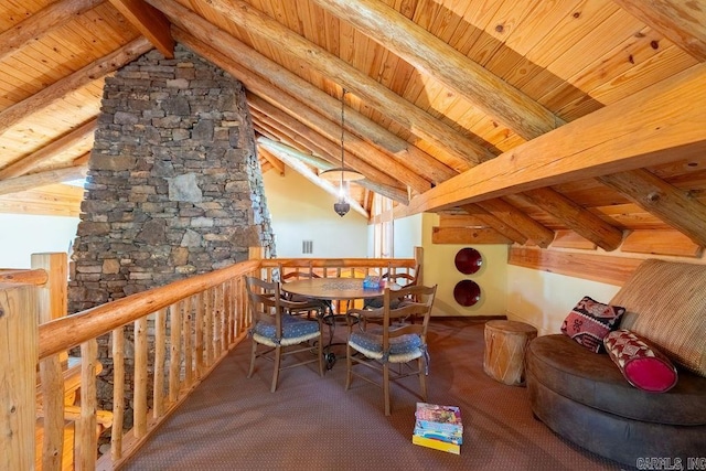 interior space with lofted ceiling with beams, carpet floors, and wooden ceiling