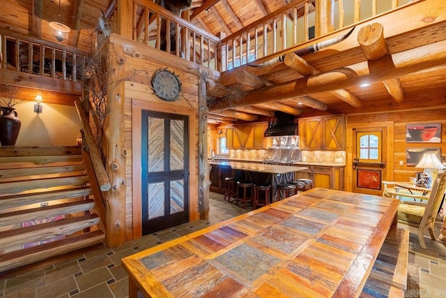 dining space with beam ceiling, wooden walls, and wood ceiling