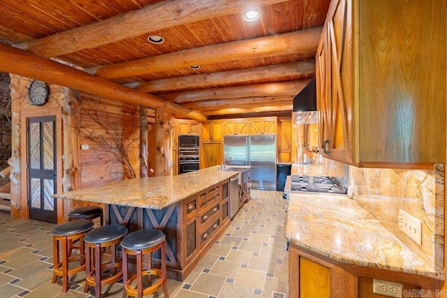 kitchen featuring black appliances, beam ceiling, and wooden ceiling