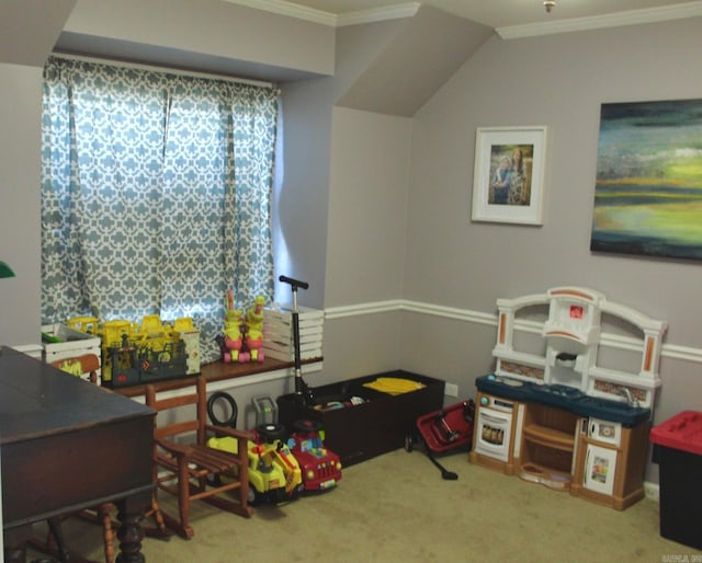 rec room featuring ornamental molding and carpet