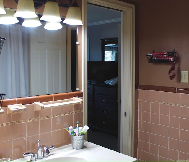 bathroom featuring tile walls, sink, and backsplash