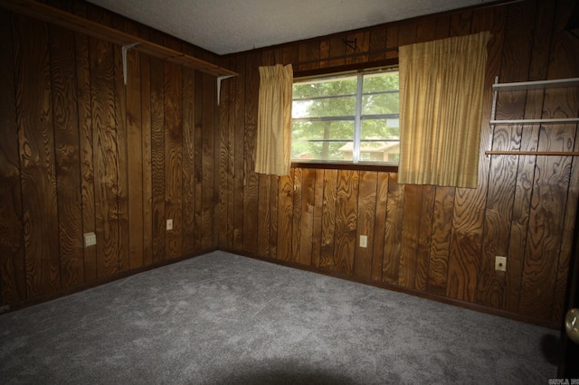 carpeted spare room featuring wood walls