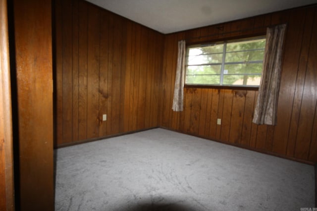 unfurnished room featuring wood walls and carpet