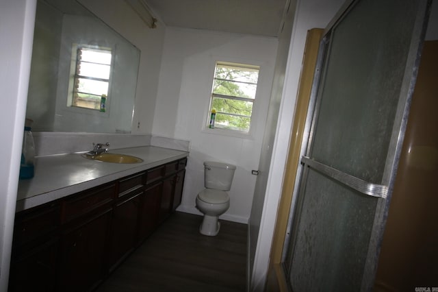 bathroom featuring a shower with door, wood-type flooring, oversized vanity, and toilet