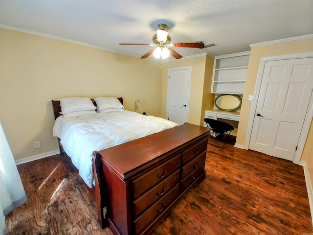 bedroom featuring crown molding, baseboards, visible vents, ceiling fan, and dark wood-type flooring