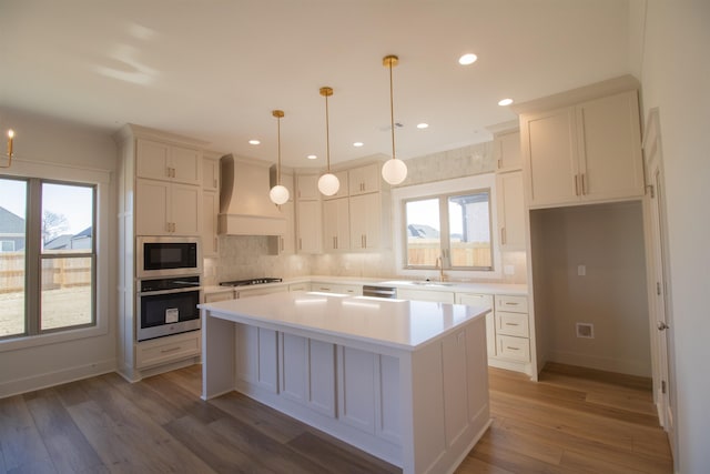 kitchen with premium range hood, sink, white cabinetry, a center island, and appliances with stainless steel finishes