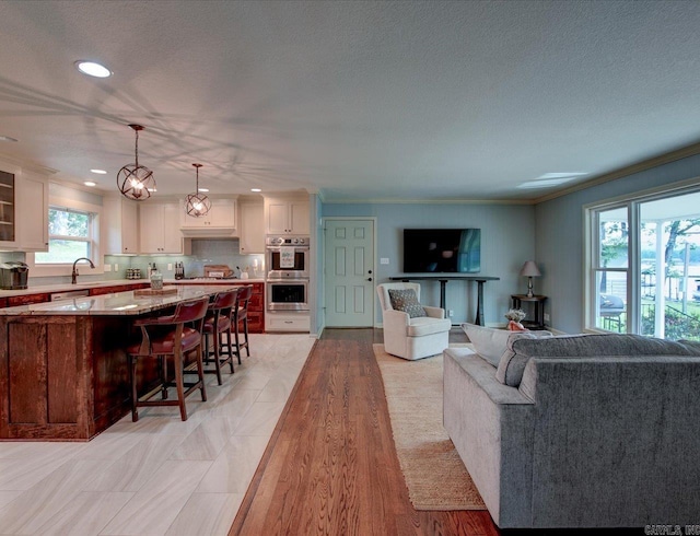 living room featuring ornamental molding, a textured ceiling, a healthy amount of sunlight, and sink