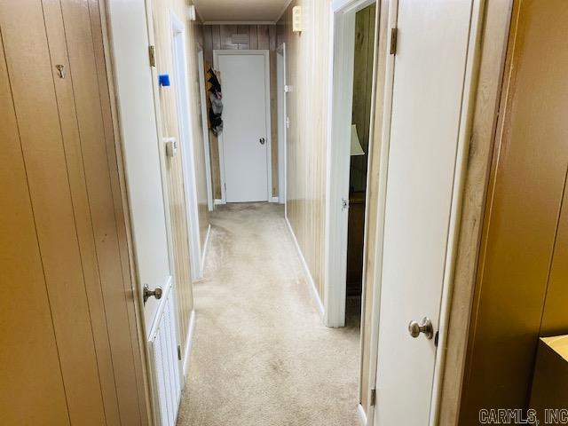 hallway featuring light carpet and wooden walls