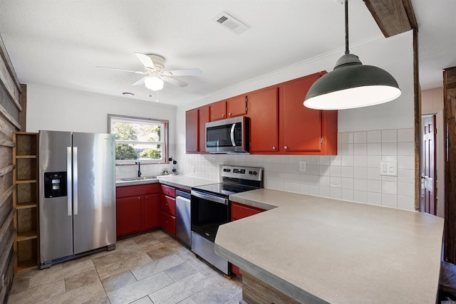 170 Ridge Rd, Houston, AR 72720 - kitchen featuring a ceiling fan, visible vents, a sink, a peninsula, and stainless steel appliances