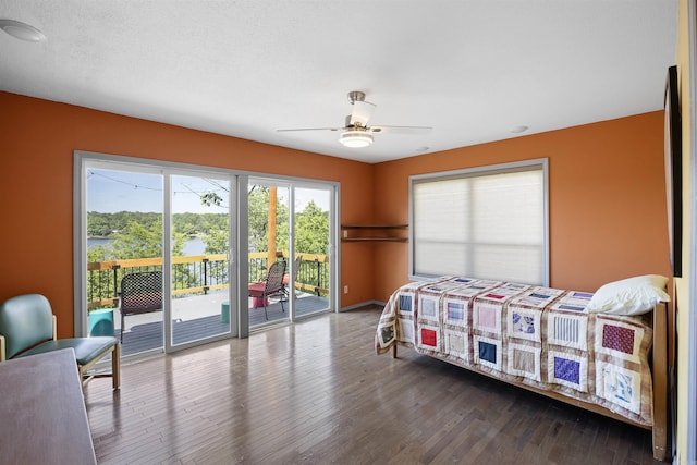 170 Ridge Rd, Houston, AR 72720 - bedroom with ceiling fan, a water view, access to outside, and wood finished floors