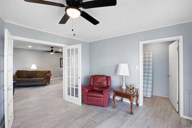 170 Ridge Rd, Houston, AR 72720 - living area featuring crown molding, ceiling fan, french doors, baseboards, and light wood-type flooring