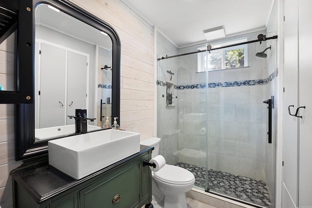 170 Ridge Rd, Houston, AR 72720 - full bathroom with vanity, a stall shower, wood walls, and toilet