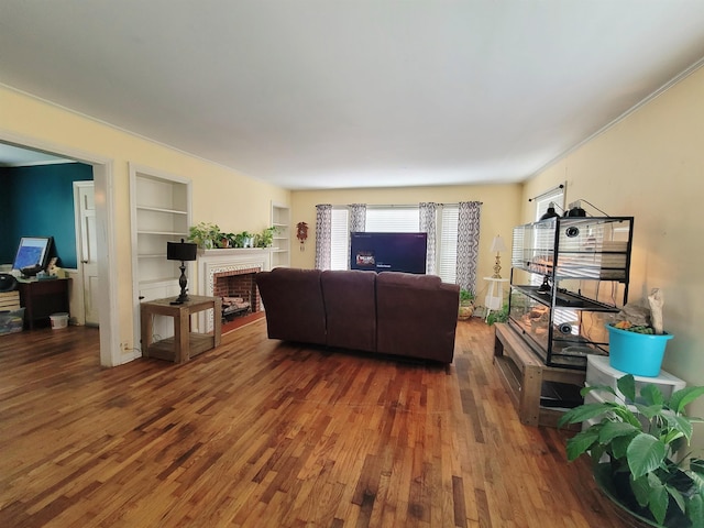 living room with dark hardwood / wood-style floors and built in shelves