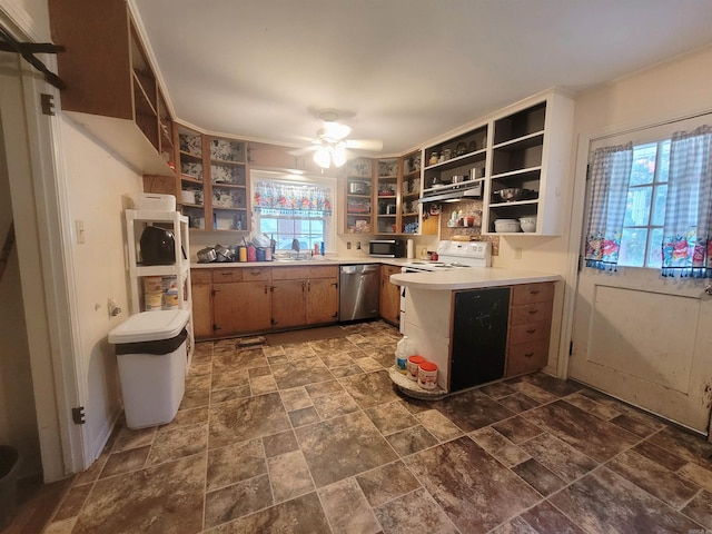 kitchen with stacked washer and dryer, white electric range oven, stainless steel dishwasher, kitchen peninsula, and ceiling fan