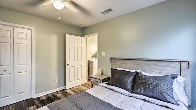 bedroom with ceiling fan, a closet, and wood-type flooring