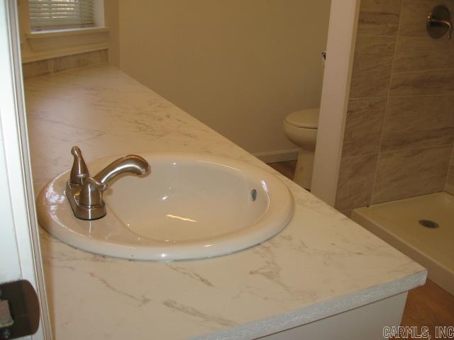 bathroom featuring a shower, vanity, and toilet