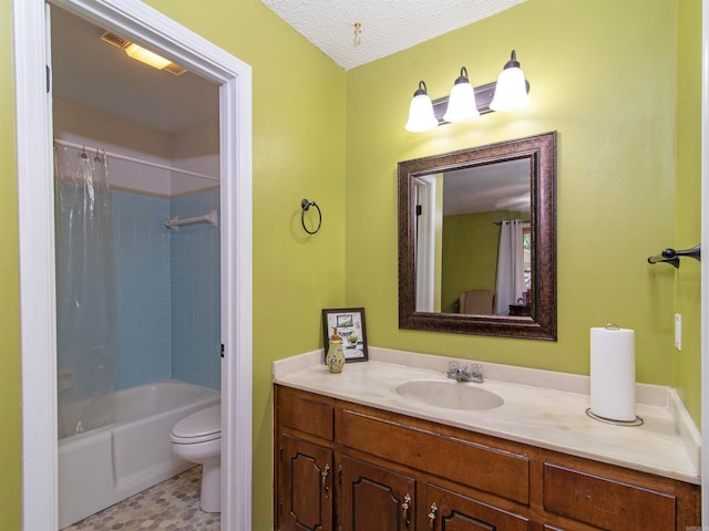 full bathroom featuring vanity, toilet, shower / bathtub combination with curtain, and a textured ceiling