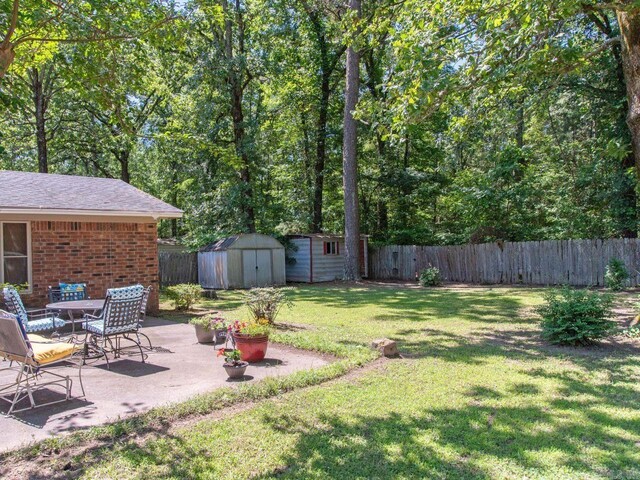 view of yard featuring a shed and a patio