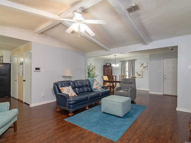 living room featuring vaulted ceiling with beams, a textured ceiling, ceiling fan with notable chandelier, and dark wood-type flooring