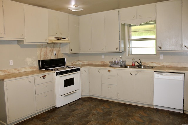 kitchen with white appliances, under cabinet range hood, light countertops, and a sink