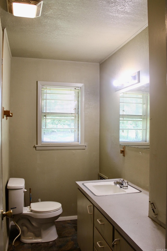 bathroom featuring toilet, a healthy amount of sunlight, a textured ceiling, and vanity