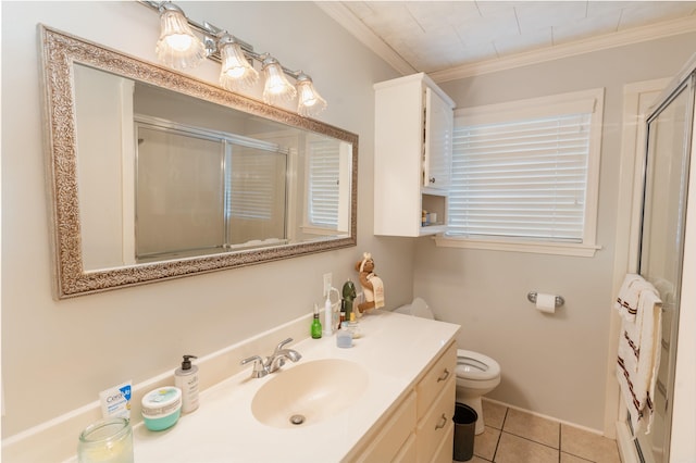 bathroom with crown molding, tile flooring, large vanity, and toilet