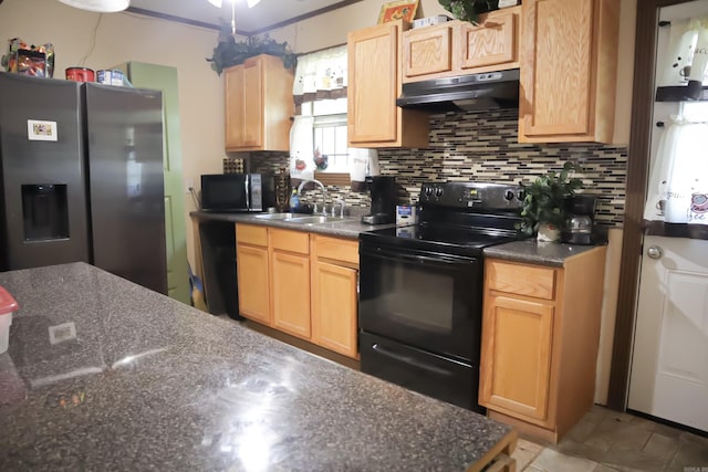 kitchen with stainless steel appliances, light brown cabinetry, backsplash, light tile floors, and sink