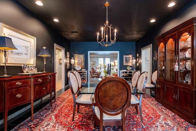 dining area with visible vents, a chandelier, and recessed lighting