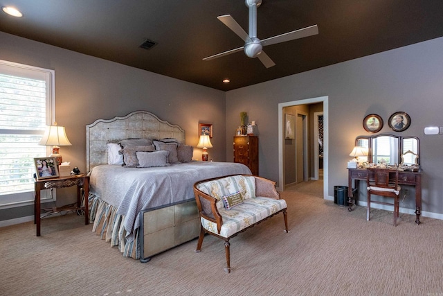 bedroom featuring recessed lighting, light colored carpet, visible vents, a ceiling fan, and baseboards