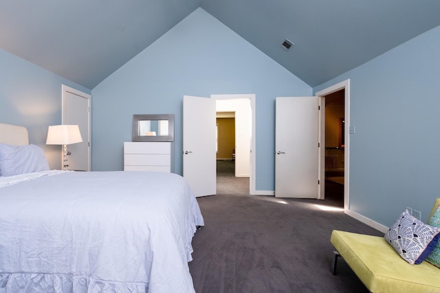 bedroom featuring high vaulted ceiling, dark colored carpet, visible vents, and baseboards