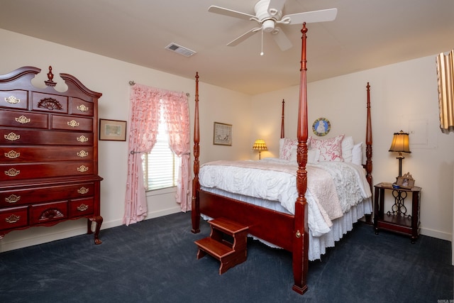 bedroom with baseboards, visible vents, ceiling fan, and carpet flooring